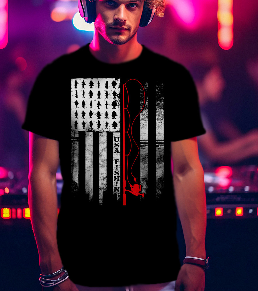 USA Fishing Flag Red Fishing Rod T-Shirt