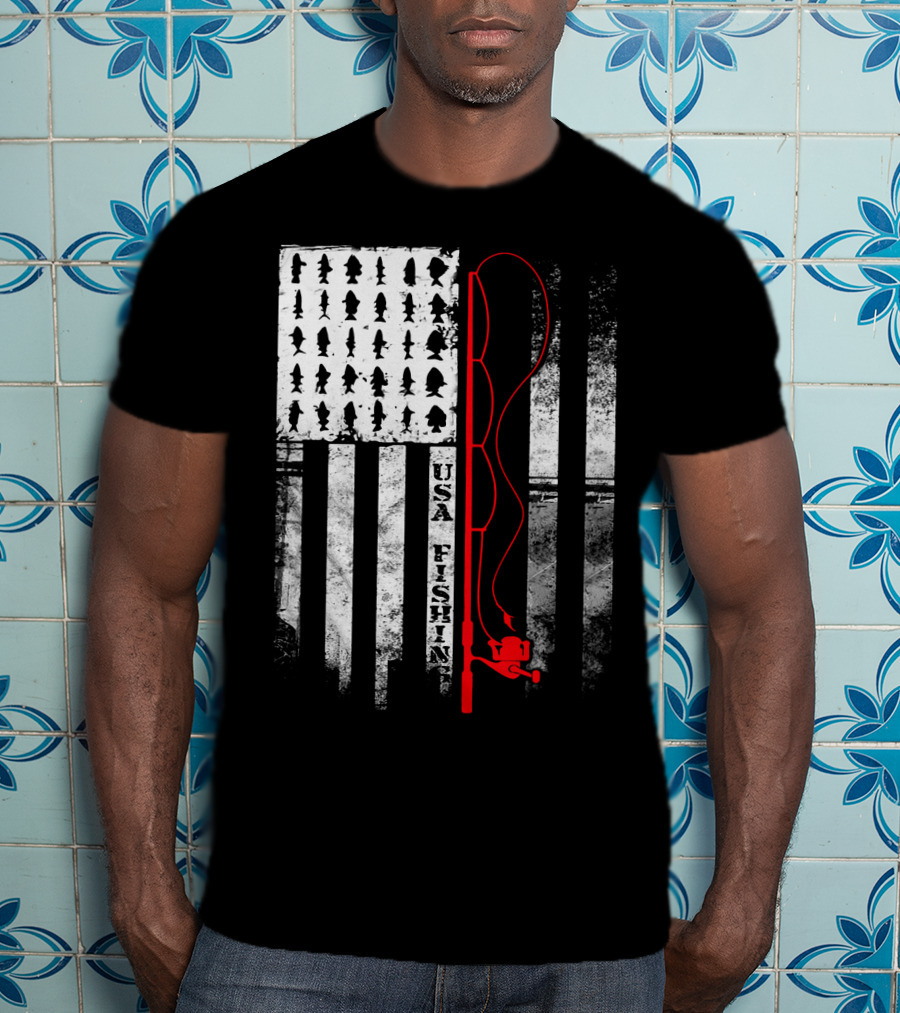USA Fishing Flag Red Fishing Rod T-Shirt
