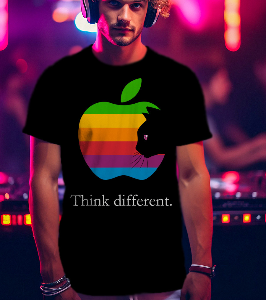 Think Different Apple Logo Rainbow Cat Face T-Shirt