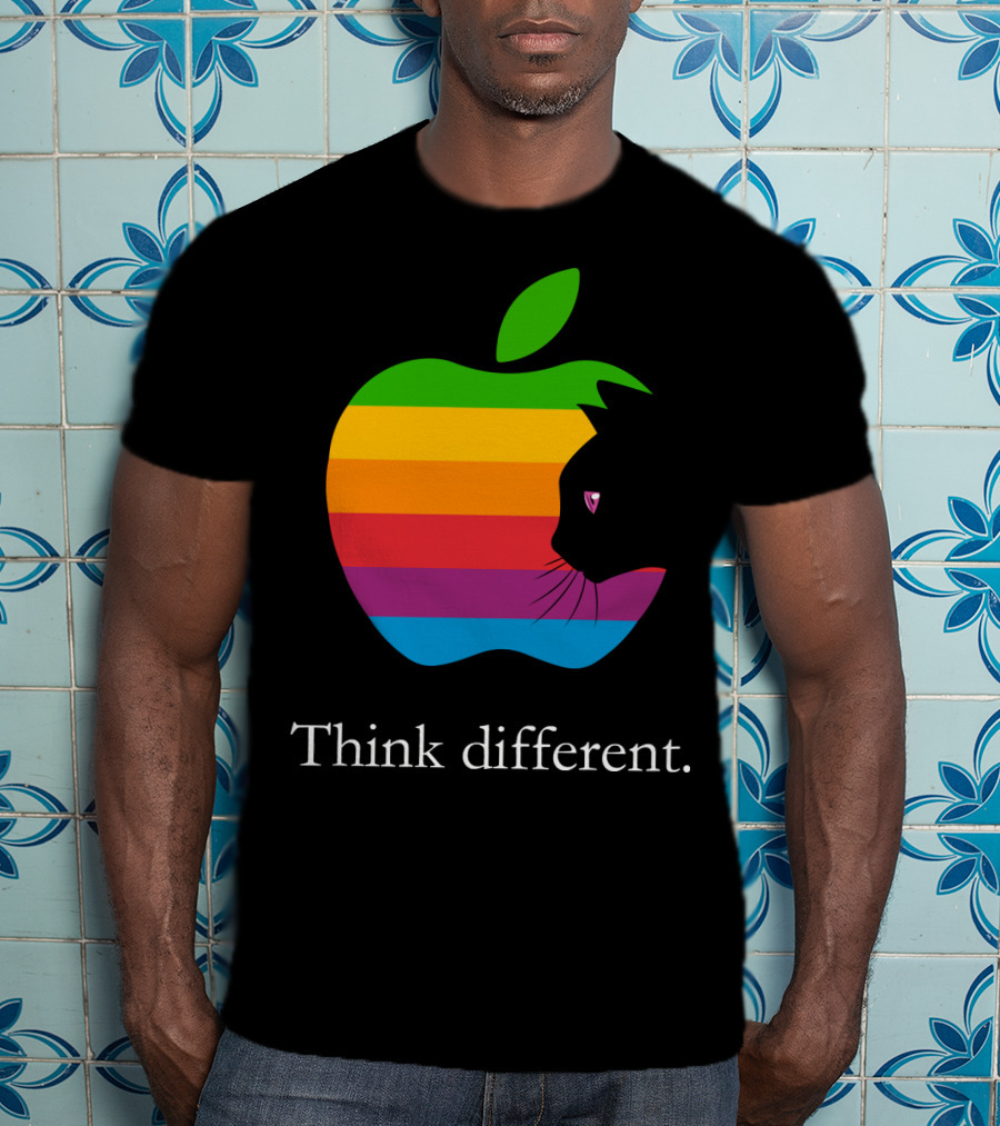 Think Different Apple Logo Rainbow Cat Face T-Shirt
