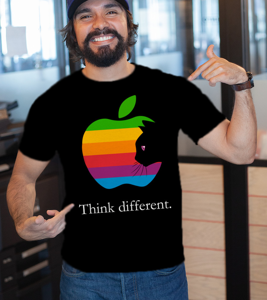 Think Different Apple Logo Rainbow Cat Face T-Shirt