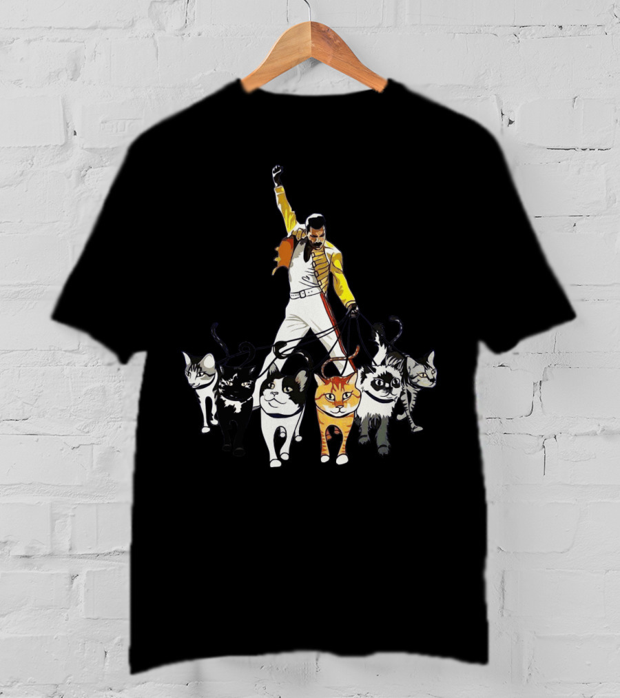 Freddie Cats Iconic Pose With Cats On Leashes T-Shirt