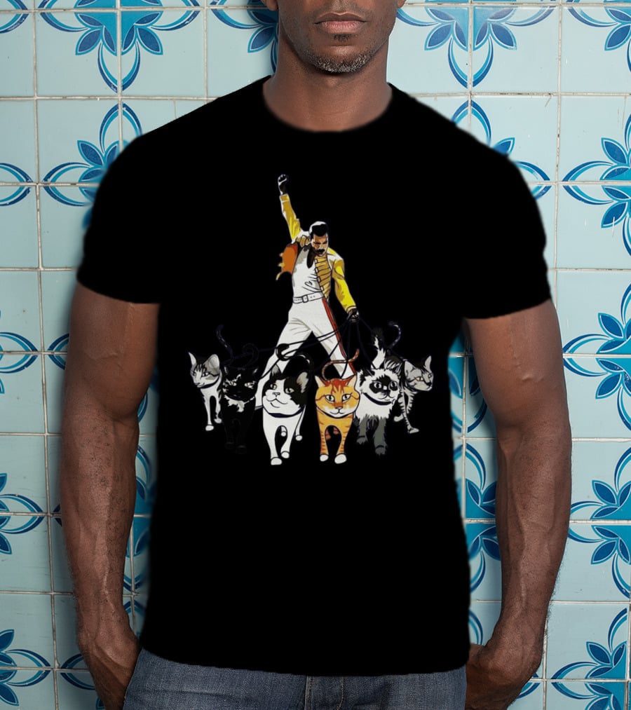 Freddie Cats Iconic Pose With Cats On Leashes T-Shirt