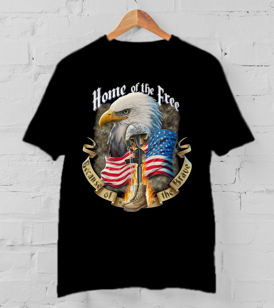 Home Of The Free Because Of The Brave American Eagle Soldier Helmet Flag T-Shirt
