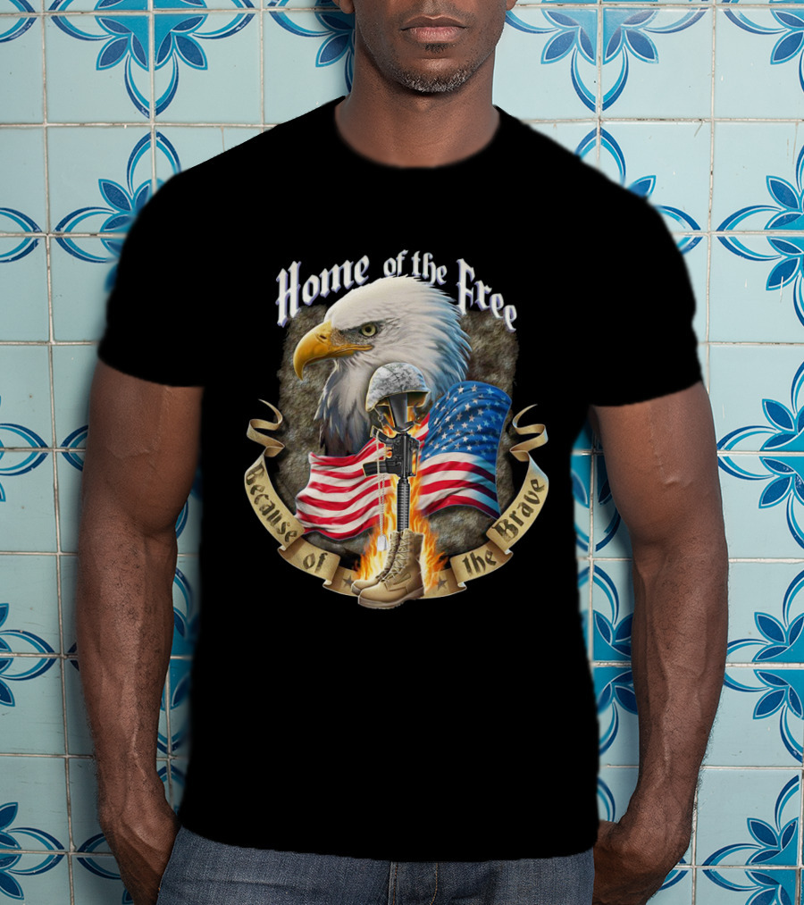 Home Of The Free Because Of The Brave American Eagle Soldier Helmet Flag T-Shirt
