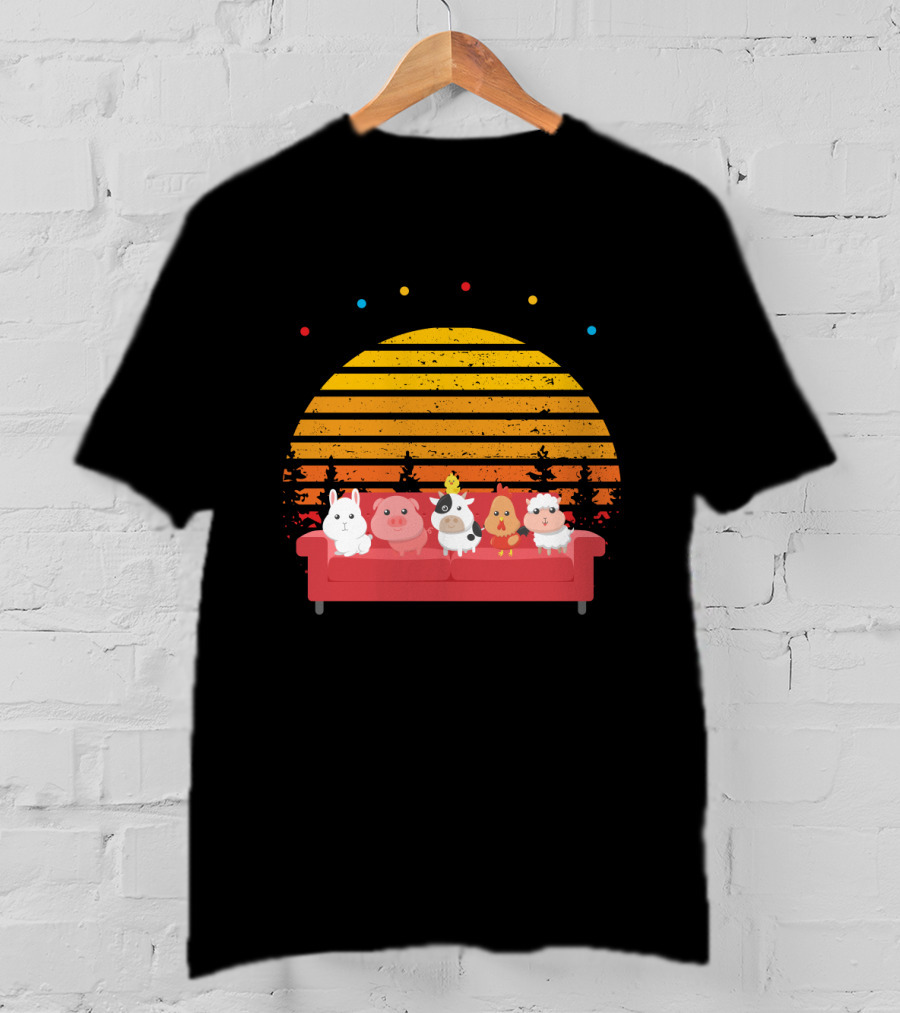 Friends Not Food Animal Characters On Red Couch With Sunset Background T-Shirt