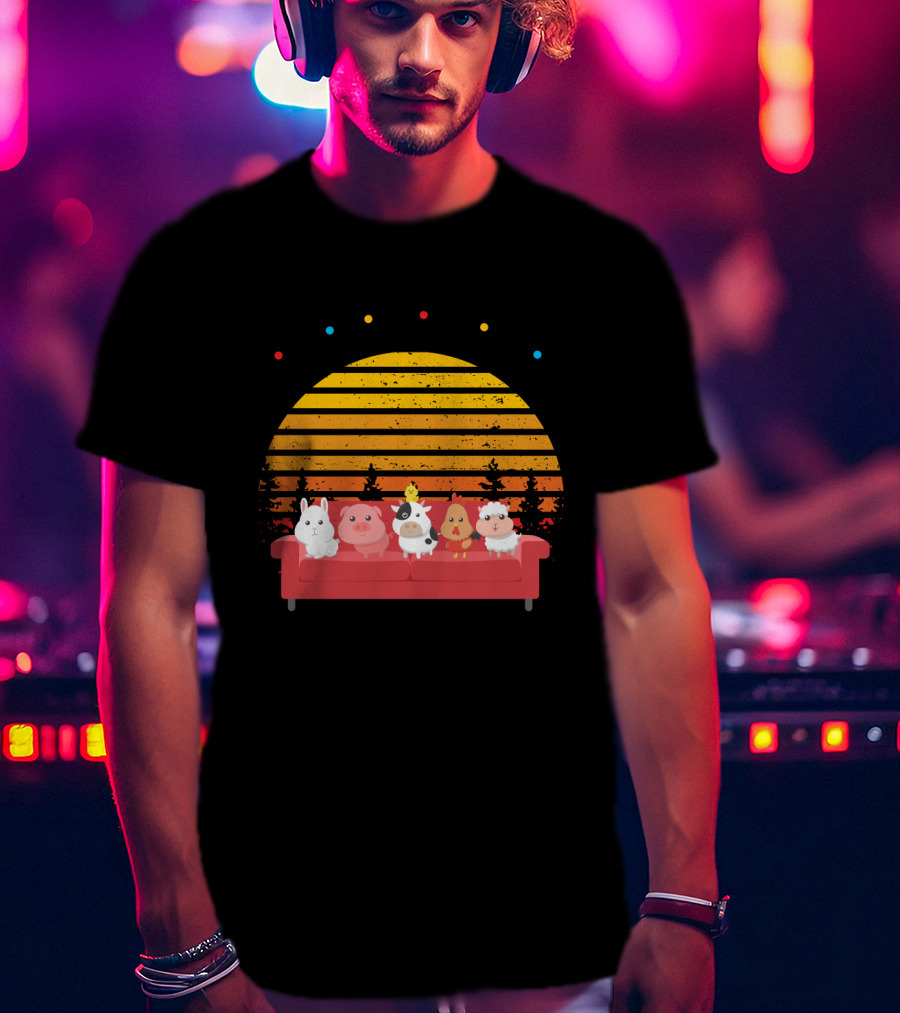 Friends Not Food Animal Characters On Red Couch With Sunset Background T-Shirt