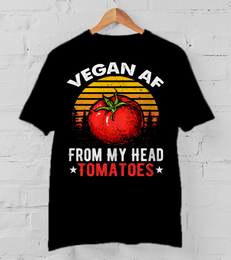 VEGAN AF FROM MY HEAD TOMATOES Retro Sunset Tomato Veggie Joke T-Shirt