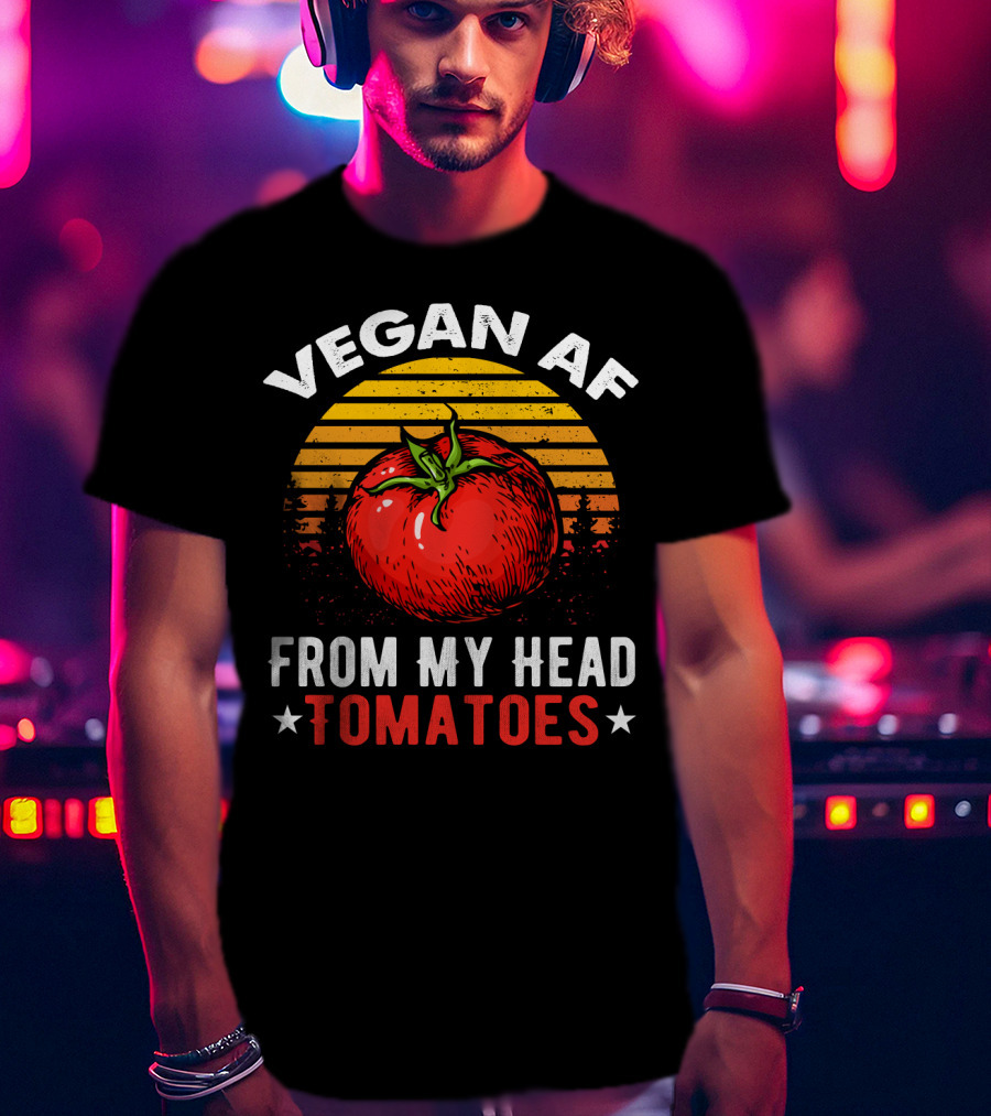 VEGAN AF FROM MY HEAD TOMATOES Retro Sunset Tomato Veggie Joke T-Shirt