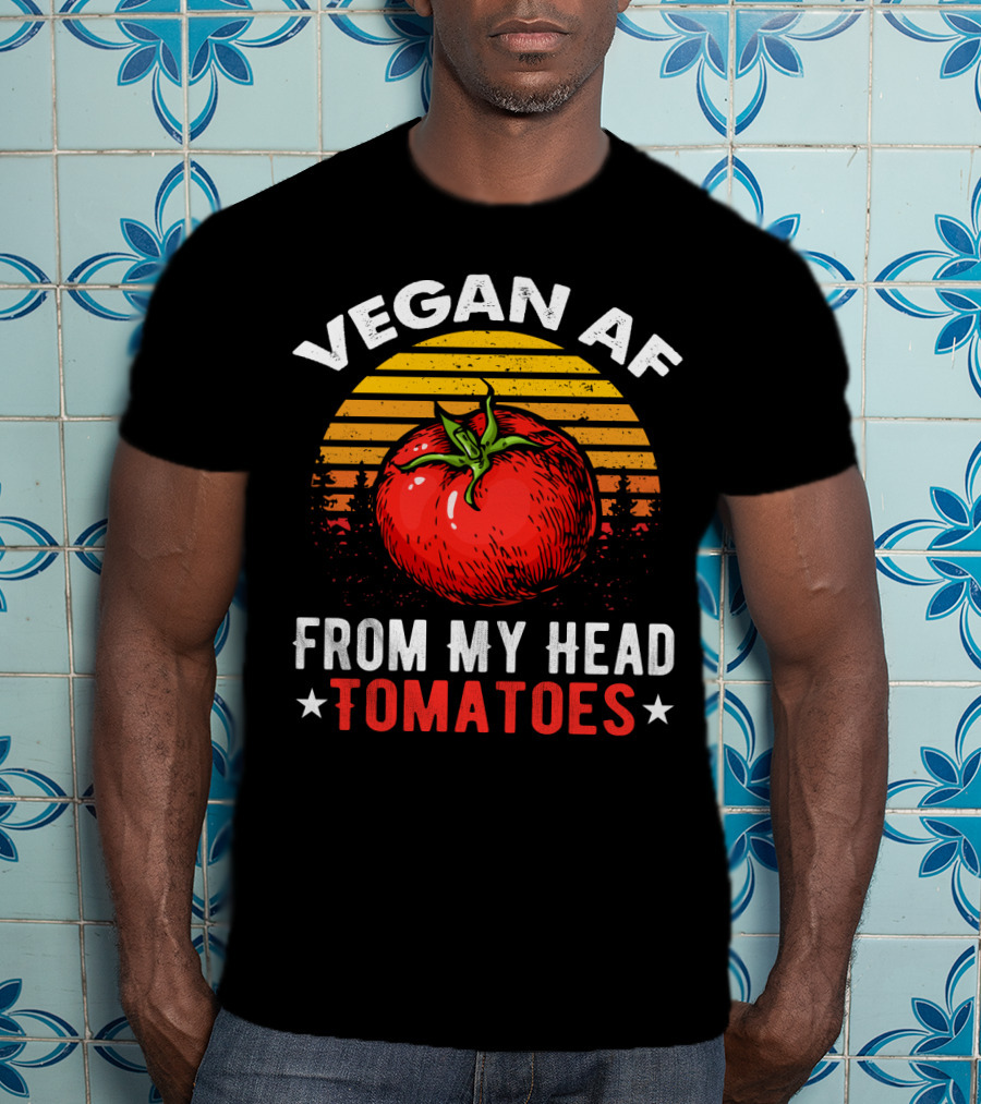 VEGAN AF FROM MY HEAD TOMATOES Retro Sunset Tomato Veggie Joke T-Shirt