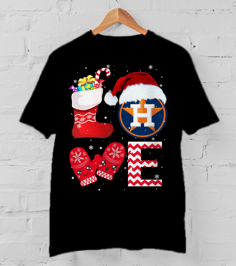 Christmas Love Houston Astros Snowflake Stocking Mittens Santa Hat T-Shirt