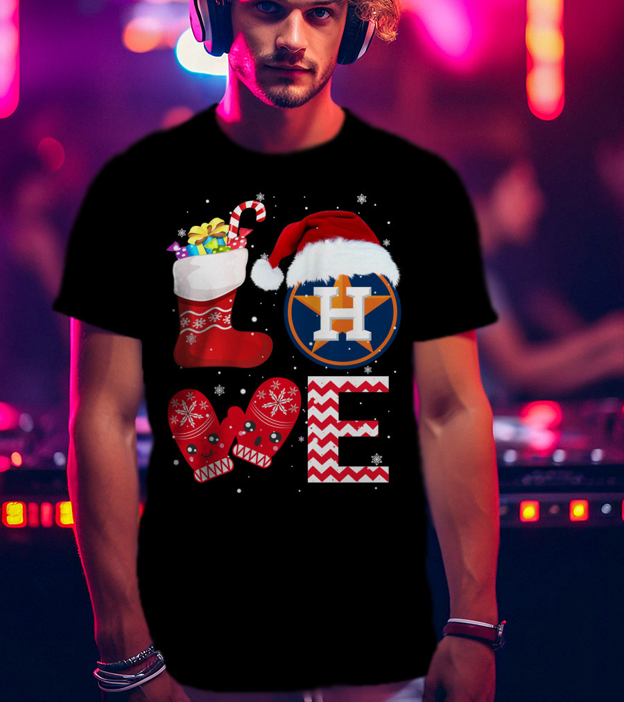Christmas Love Houston Astros Snowflake Stocking Mittens Santa Hat T-Shirt