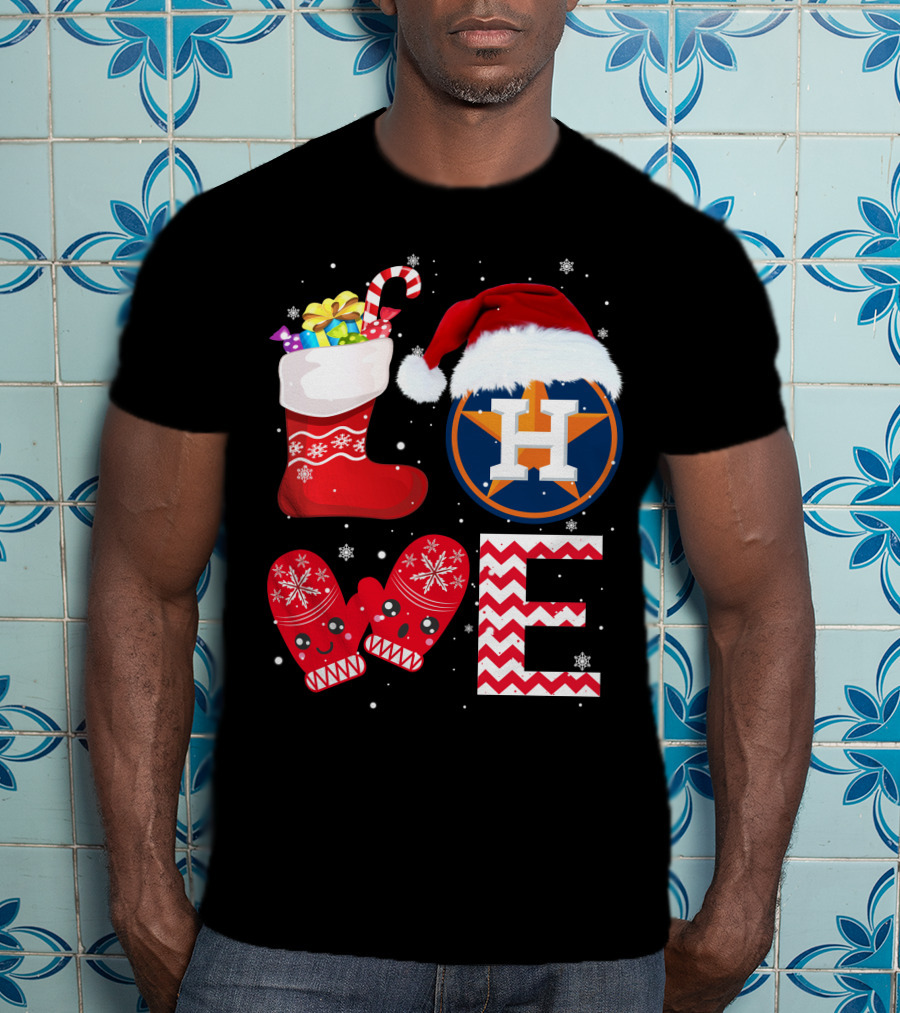 Christmas Love Houston Astros Snowflake Stocking Mittens Santa Hat T-Shirt