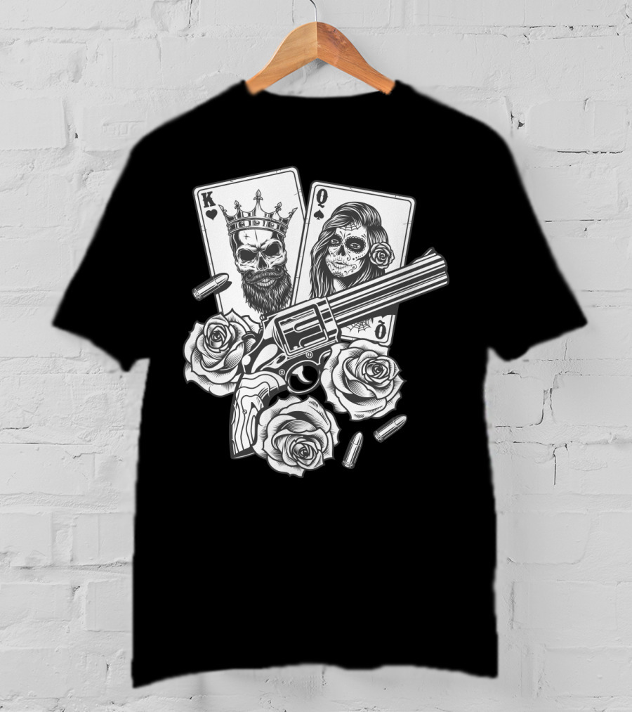 Hippie V Dead Rainbow Bertha Tie Dye King Queen Playing Cards Skulls Gun Roses Bullets T-Shirt