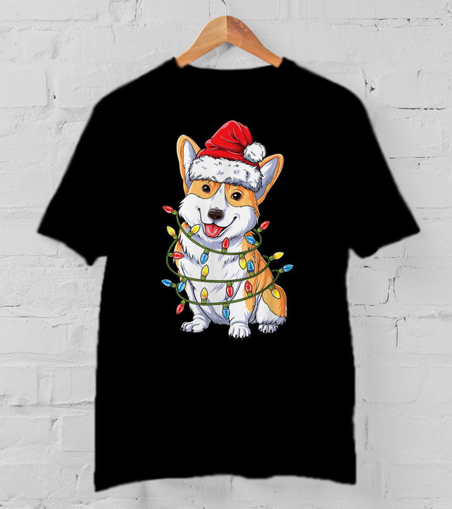Corgi Dog Christmas Lights Ugly Sweater Santa Hat T-Shirt