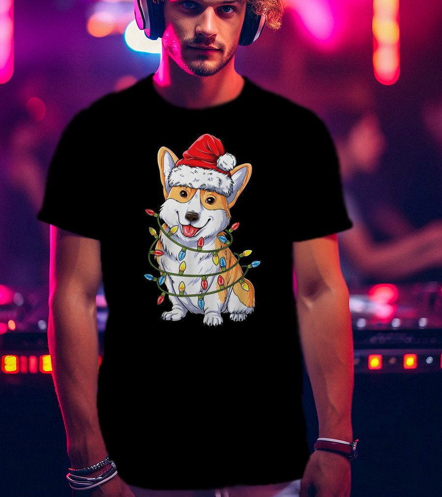 Corgi Dog Christmas Lights Ugly Sweater Santa Hat T-Shirt