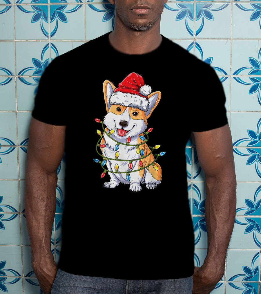 Corgi Dog Christmas Lights Ugly Sweater Santa Hat T-Shirt
