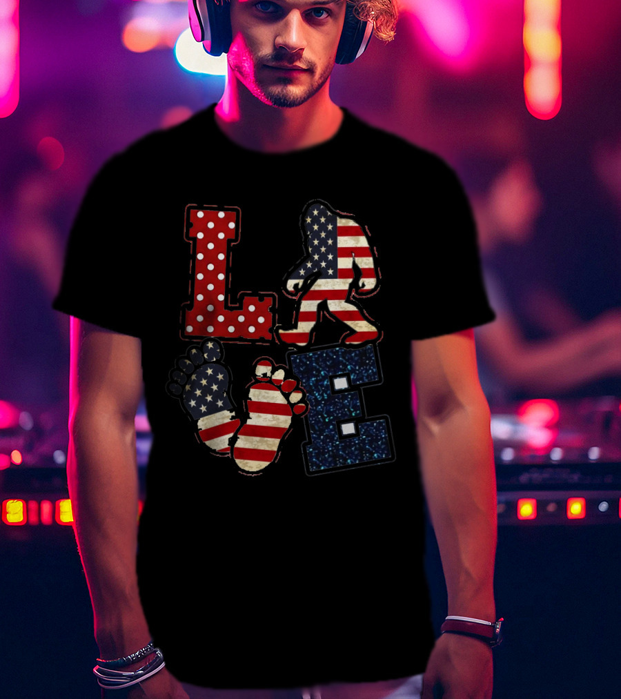 Patriotic Bigfoot Love American Flag T-Shirt