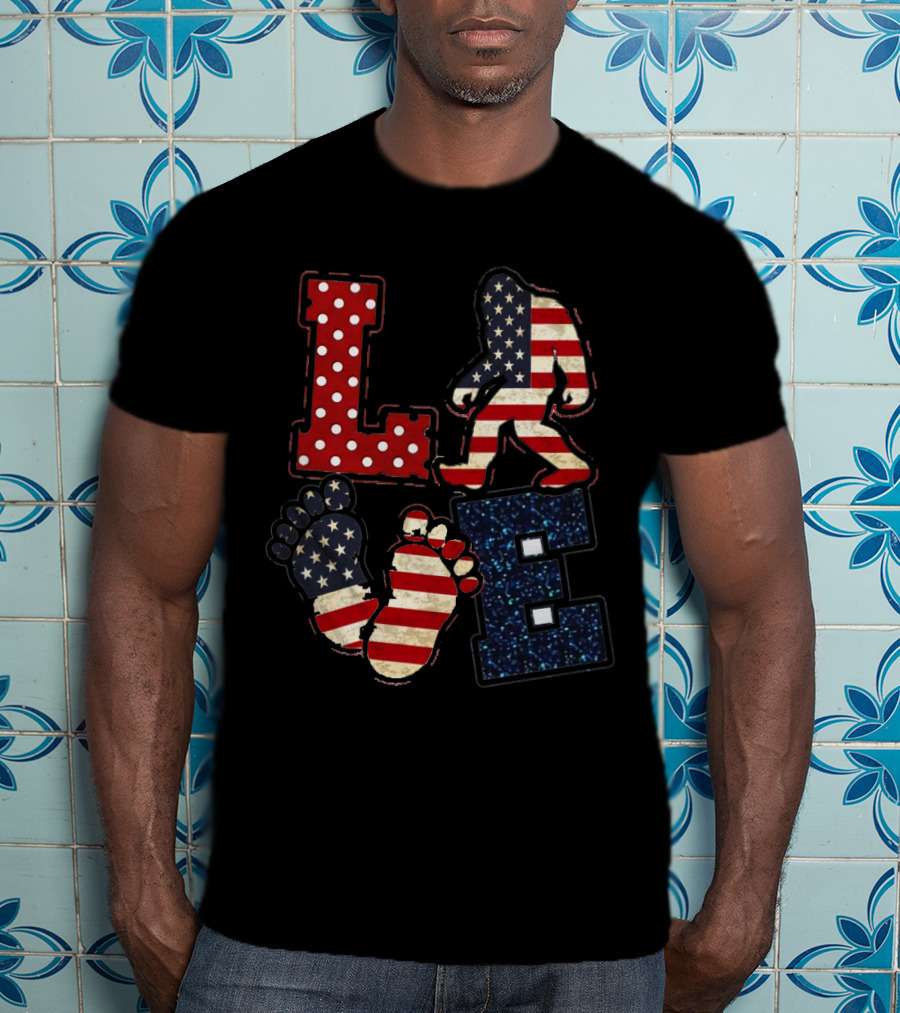 Patriotic Bigfoot Love American Flag T-Shirt