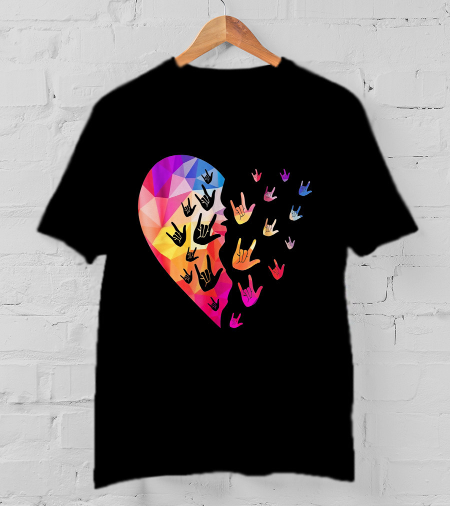 Broken Geometric Heart With Colorful Sign Language Hands T-Shirt