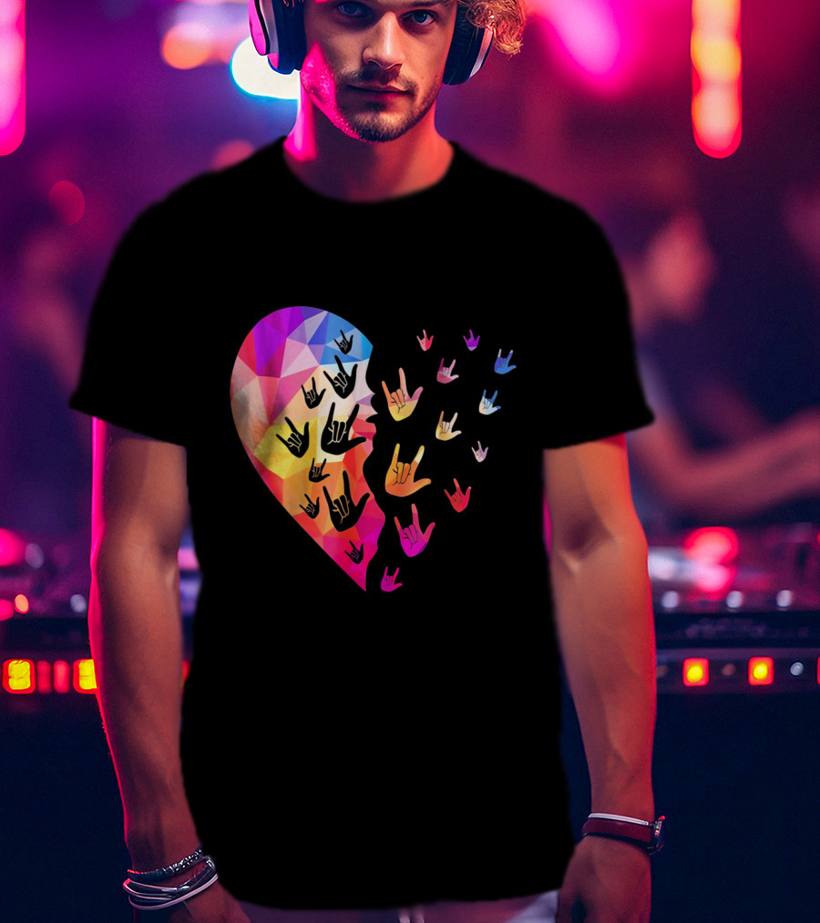 Broken Geometric Heart With Colorful Sign Language Hands T-Shirt