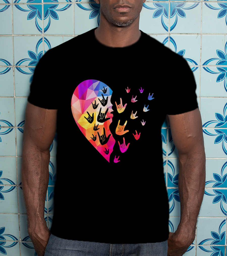 Broken Geometric Heart With Colorful Sign Language Hands T-Shirt