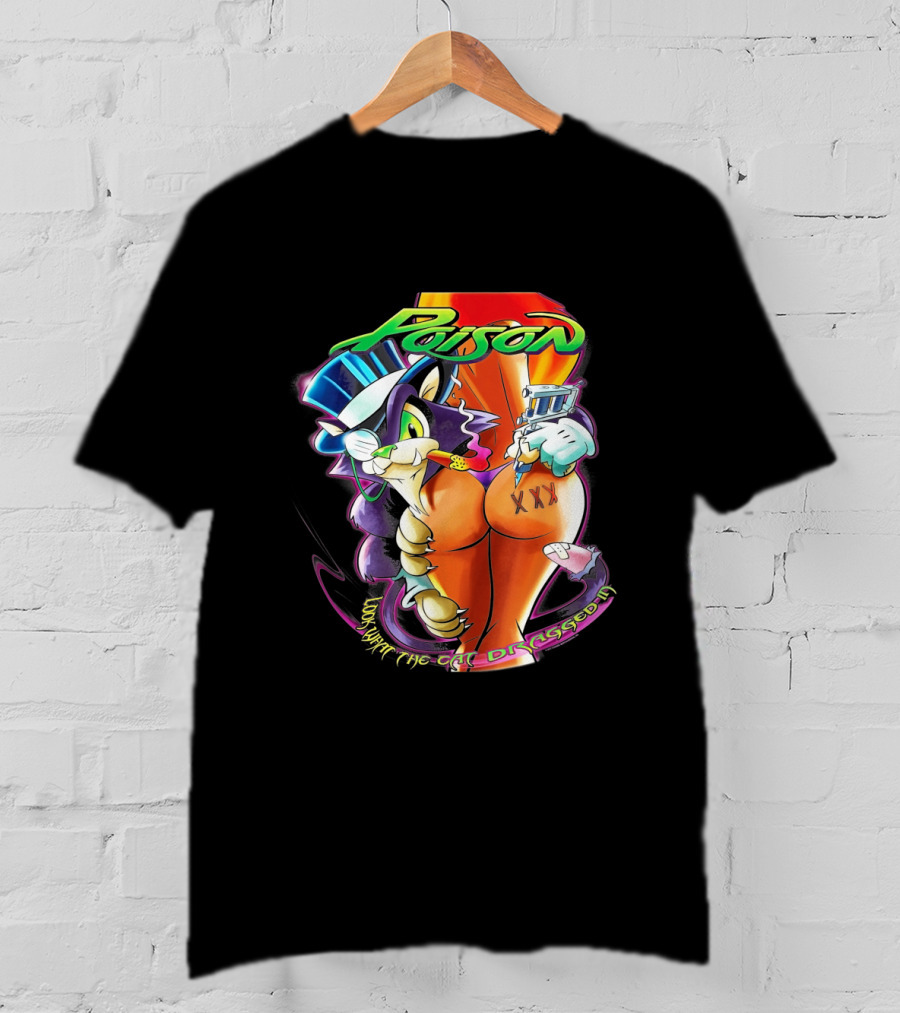 Poison Cartoon Cat Holding Tattoo Gun Text 'Look What The Cat Dragged In' T-Shirt