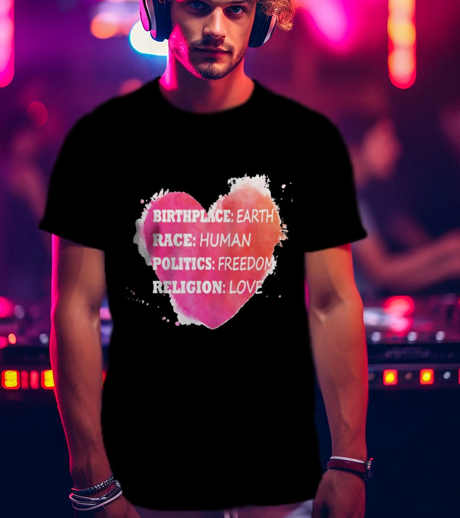 Birthplace Earth Race Human Politics Freedom Religion Love Heart T-Shirt