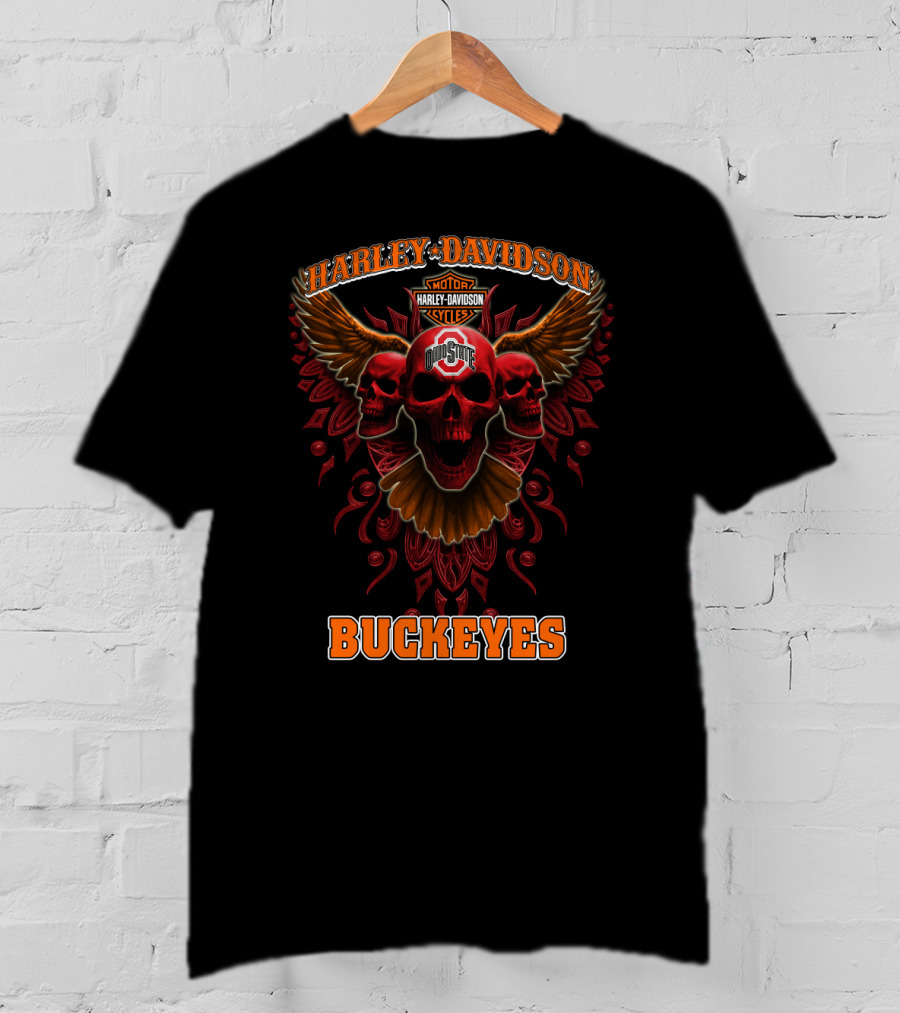 Harley Davidson Ohio State Buckeyes Motorcycles Wings Skulls T-Shirt