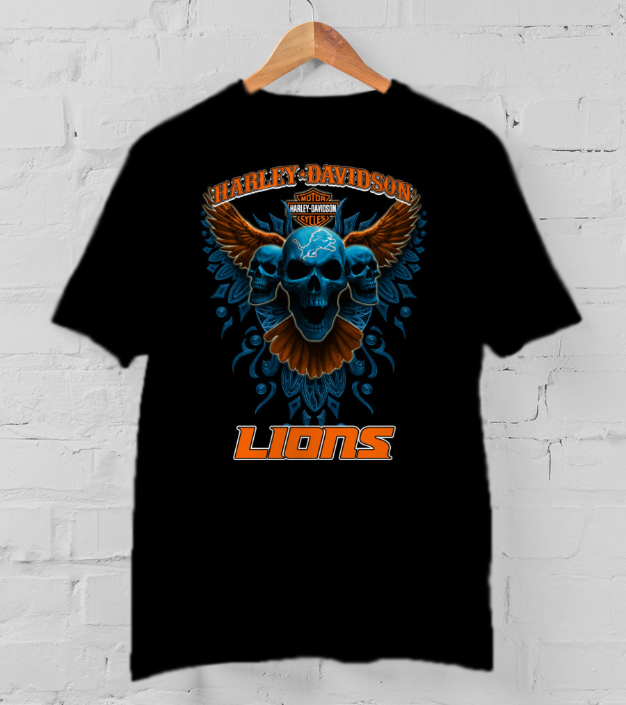 Harley Davidson Motor Cycles Detroit Lions Skulls Wings T-Shirt