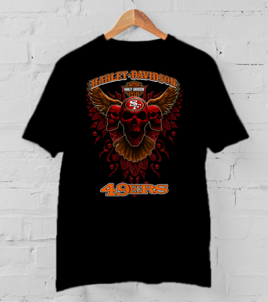 Harley Davidson Motor Cycles Sf 49ers Skulls Wings T-Shirt