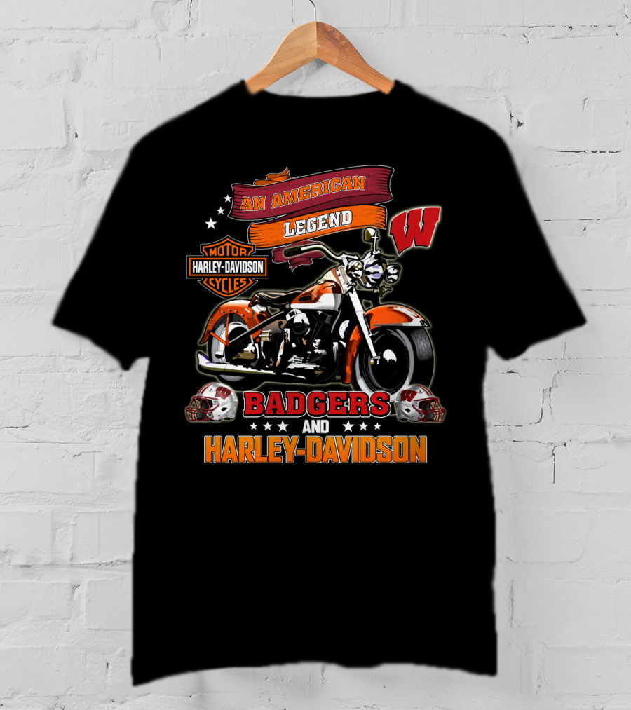 An American Legend Badgers Harley Davidson Motor Cycles W Logo Helmet T-Shirt