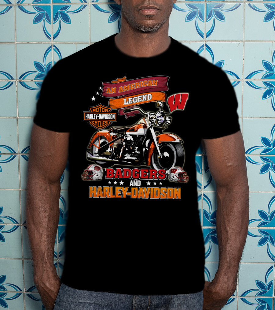 An American Legend Badgers Harley Davidson Motor Cycles W Logo Helmet T-Shirt