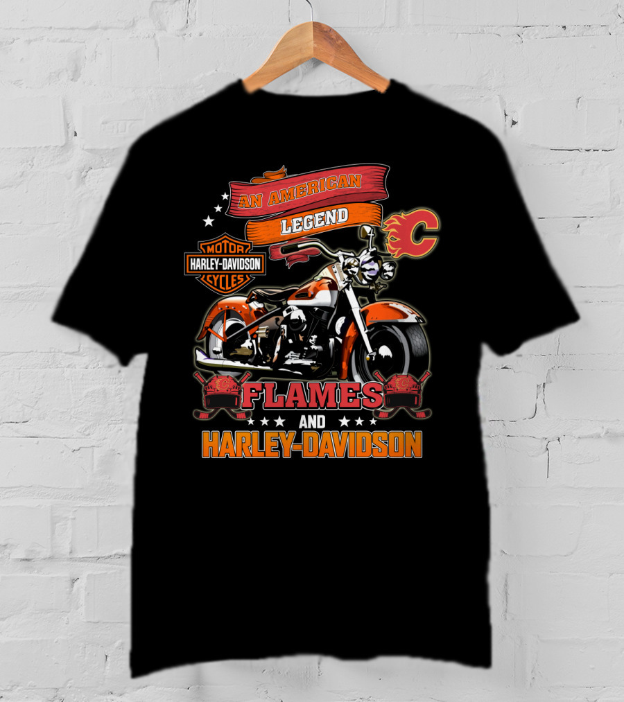 An American Legend Flames And Harley Davidson Calgary Nhl T-Shirt