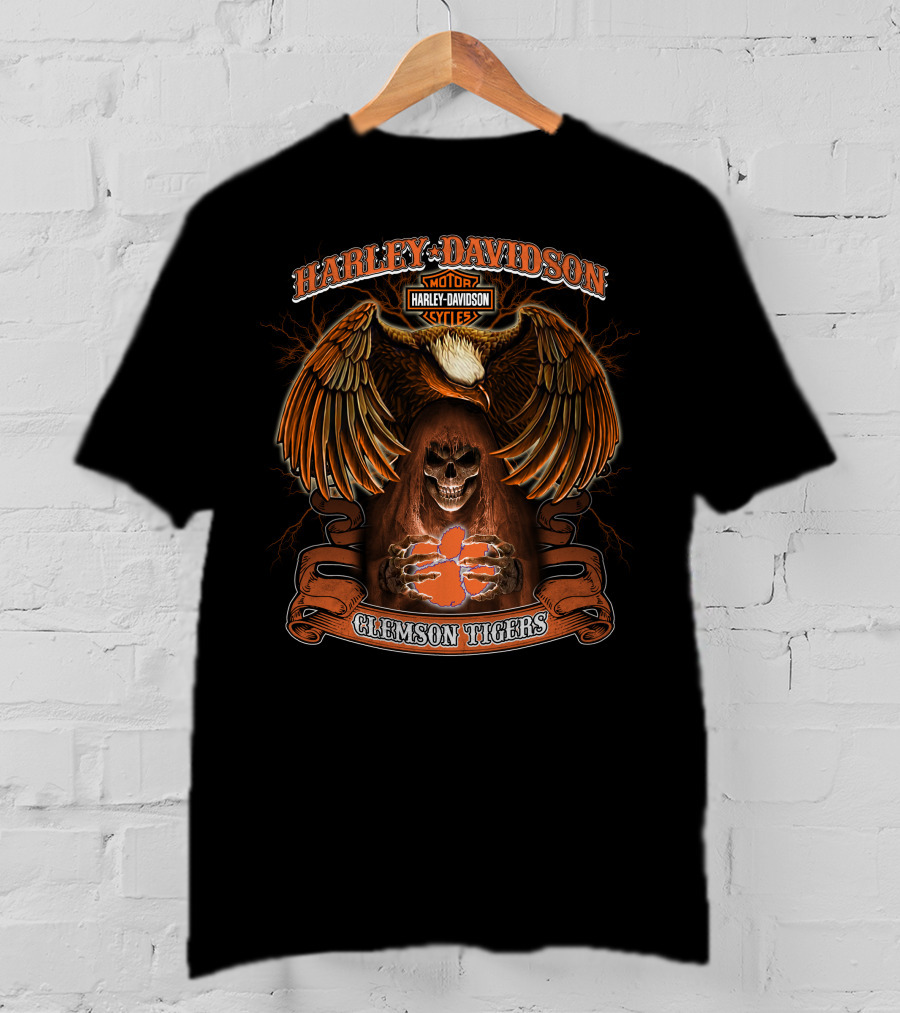 Harley Davidson Motorcycles Clemson Tigers Eagle Skeleton T-Shirt