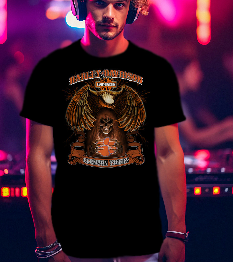 Harley Davidson Motorcycles Clemson Tigers Eagle Skeleton T-Shirt