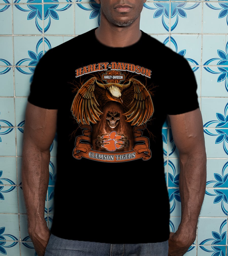 Harley Davidson Motorcycles Clemson Tigers Eagle Skeleton T-Shirt