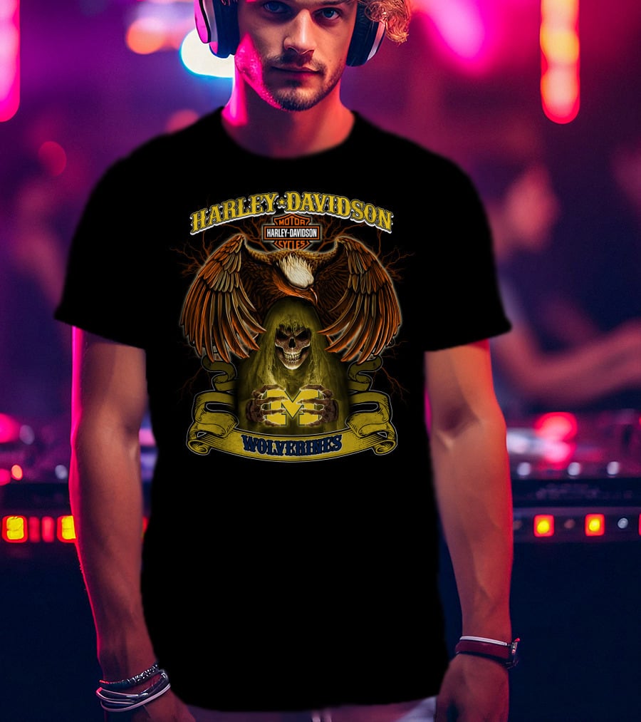 Harley Davidson Motorcycles Michigan Wolverines Ncaa Skull Eagle T-Shirt