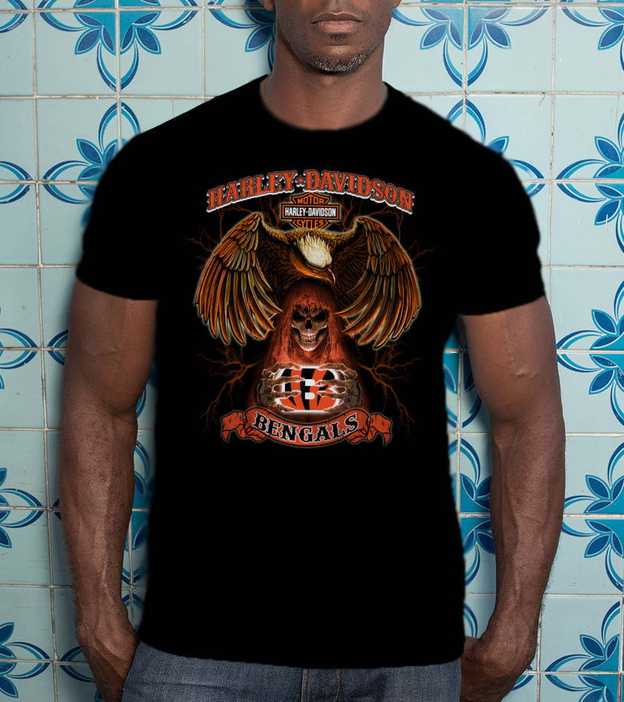 Harley Davidson Motor Cycles Cincinnati Bengals Eagle Skull T-Shirt