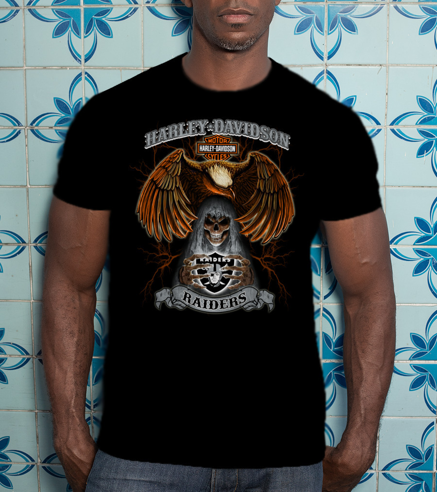 Harley Davidson Raiders Nfl Motorcycle Skull Eagle Lightning T-Shirt