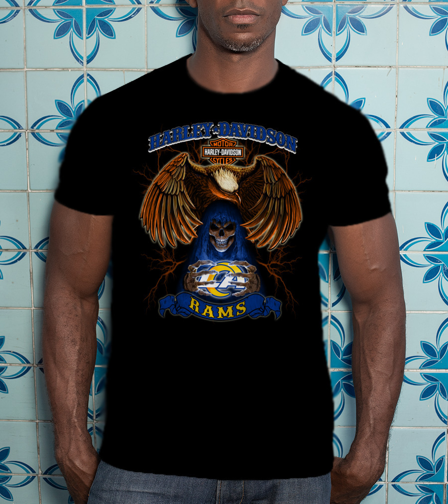 Harley Davidson Motorcycles Los Angeles Rams Nfl Eagle Skull T-Shirt
