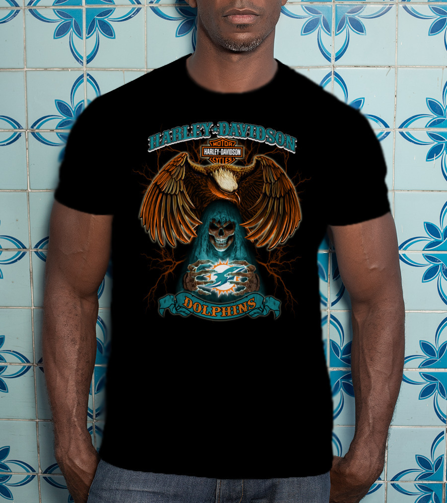 Harley Davidson Miami Dolphins Nfl Skull And Eagle Theme T-Shirt