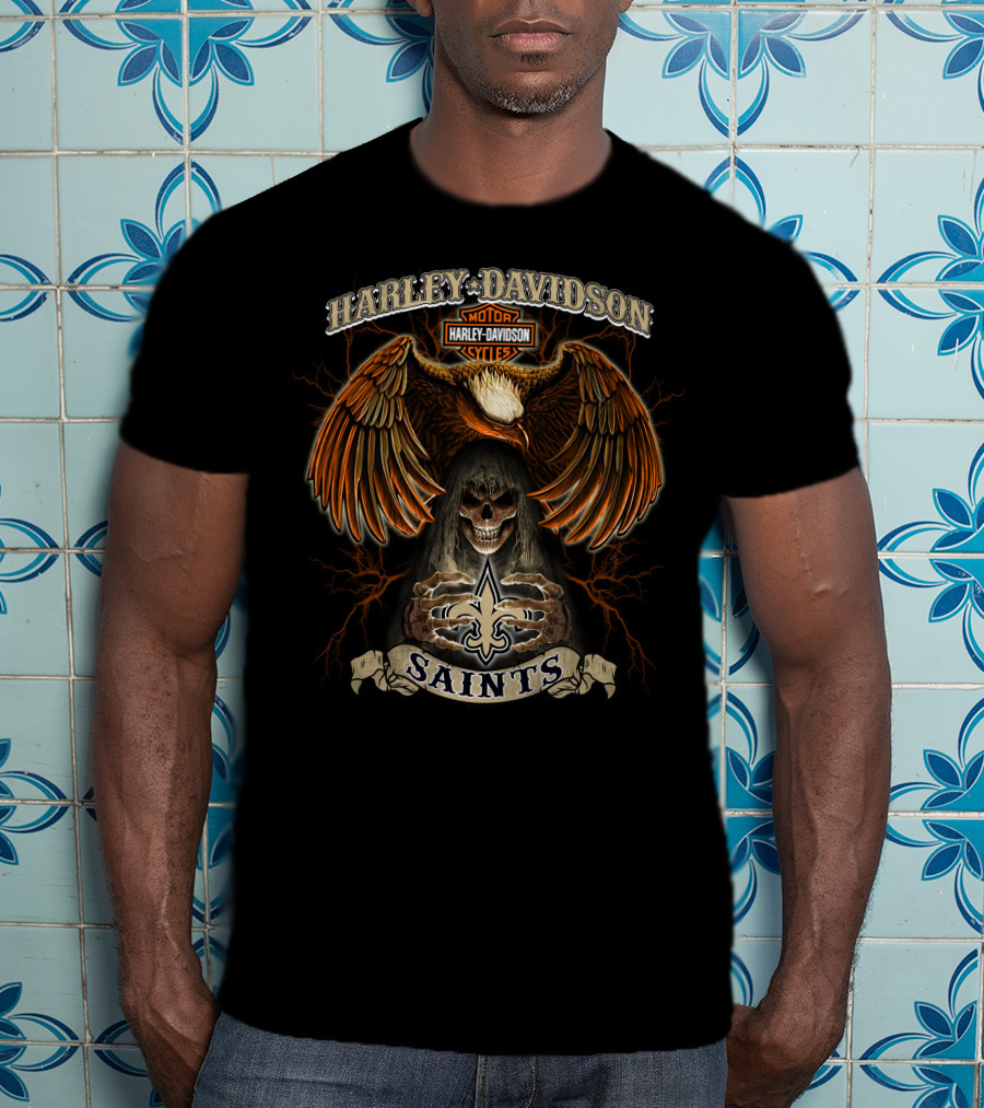 Harley Davidson Motorcycles Eagle Skull Saints Fleur-De-Lis T-Shirt