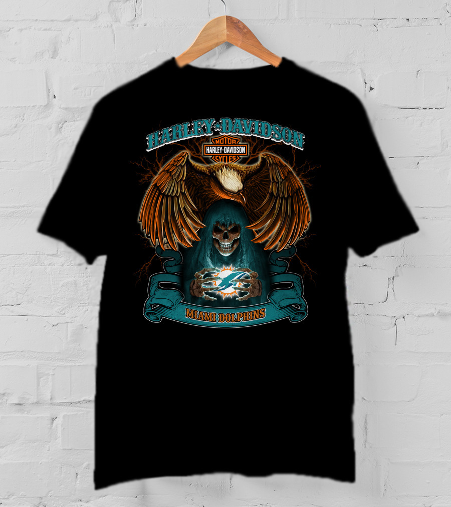 Harley Davidson Motorcycles Miami Dolphins Eagle Skull T-Shirt