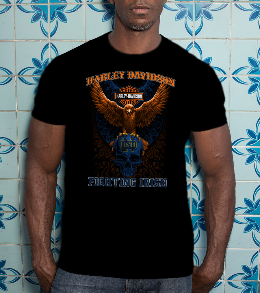 Harley Davidson Motor Cycles Eagle Notre Dame Fighting Irish Skull T-Shirt