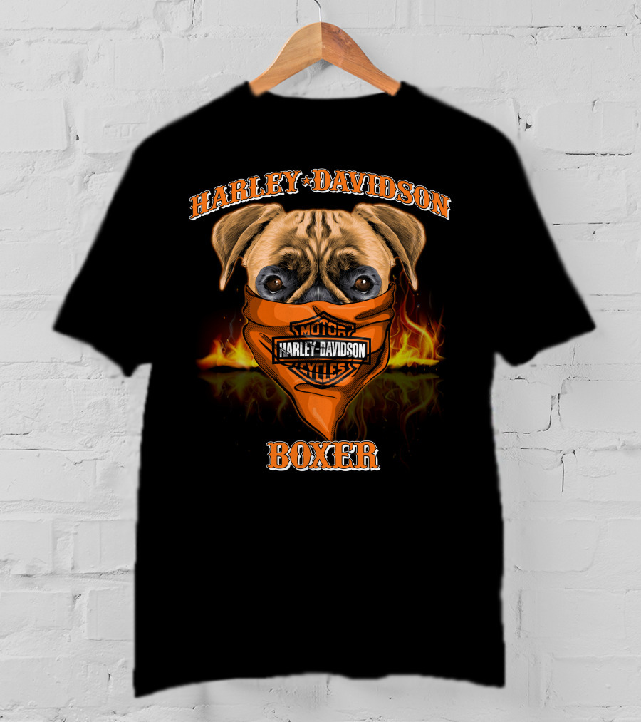 Harley Davidson Motorcycles Boxer Dog In Bandana With Flames T-Shirt
