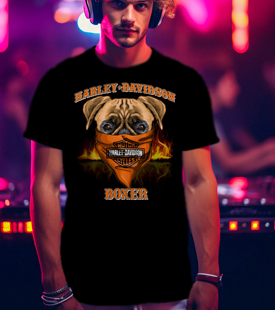 Harley Davidson Motorcycles Boxer Dog In Bandana With Flames T-Shirt