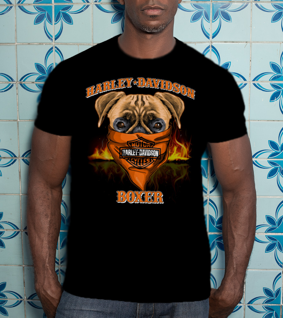Harley Davidson Motorcycles Boxer Dog In Bandana With Flames T-Shirt