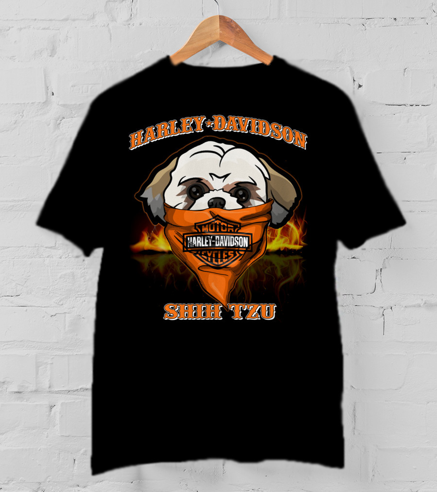 Harley Davidson Shih Tzu Motorcycle Bandana Flames T-Shirt