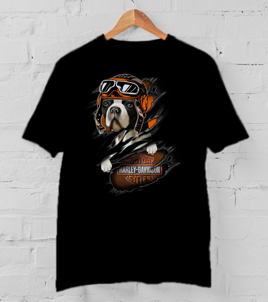 Boston Terrier Harley Davidson Cycles Vintage Aviator Helmet T-Shirt